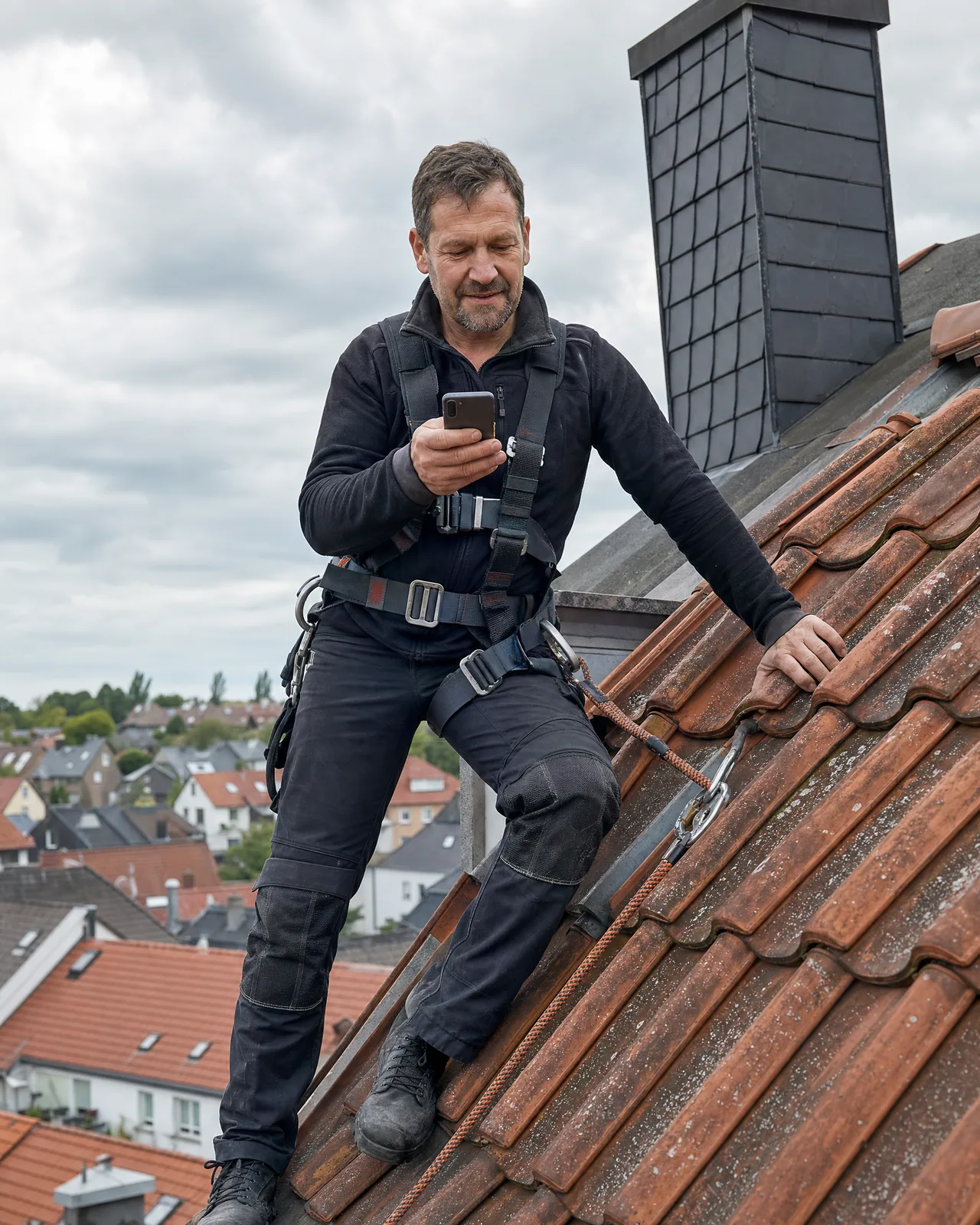 Dachdecker mit Sicherheitsgeschirr auf einem Ziegeldach prüft kurz einen Auftrag auf dem Smartphone