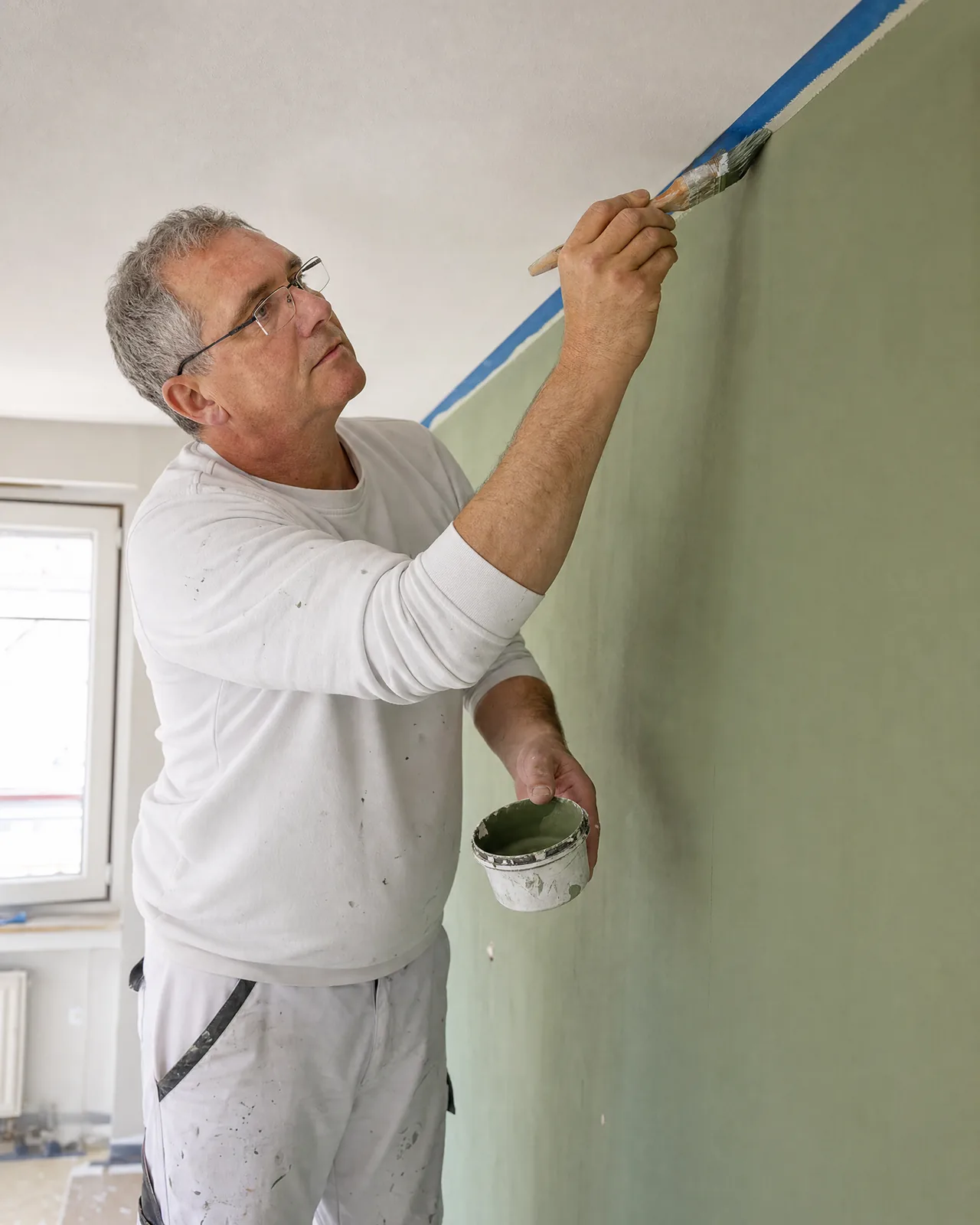 Maler zieht mit dem Pinsel eine saubere Kante an der abgeklebten Wand