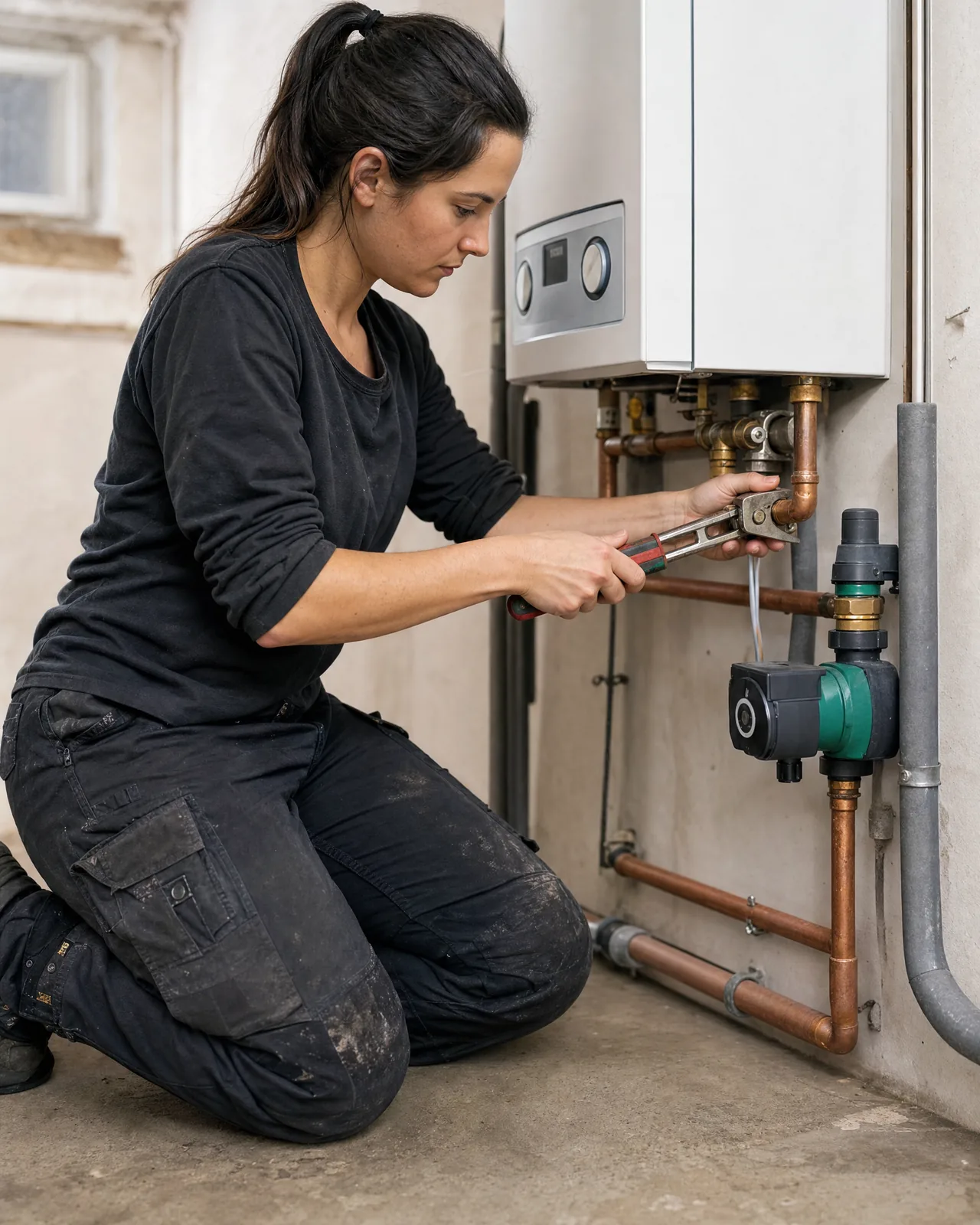 Anlagenmechanikerin SHK arbeitet mit der Rohrzange an der Kupferverrohrung einer Gastherme