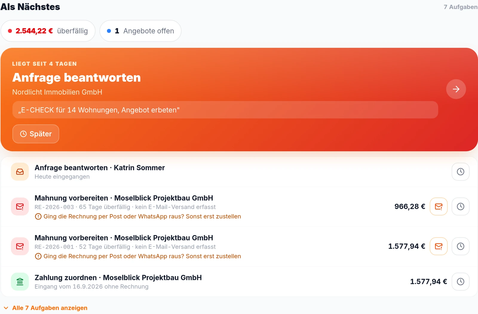 Die Übersicht in kurzhand mit der Liste „Als Nächstes“: priorisierte Handlungen mit Kunde, Betrag und Begründung — Anfrage beantworten, Termin planen, Rechnung schreiben, Zahlung zuordnen