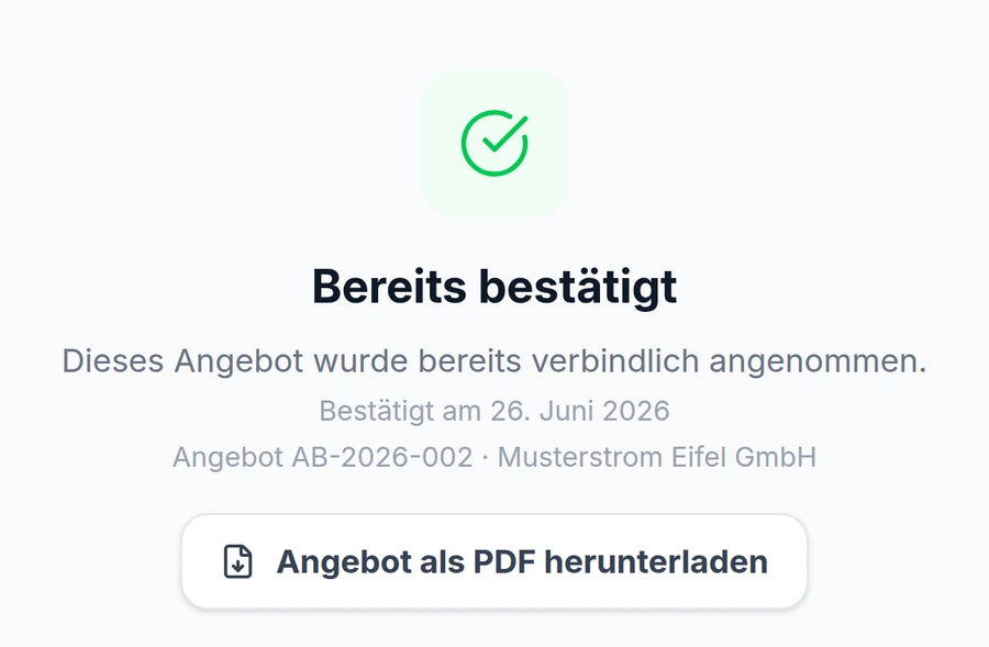 Bestätigter Zustand derselben Ansicht: „Bereits bestätigt“, bestätigt am 26. Juni 2026