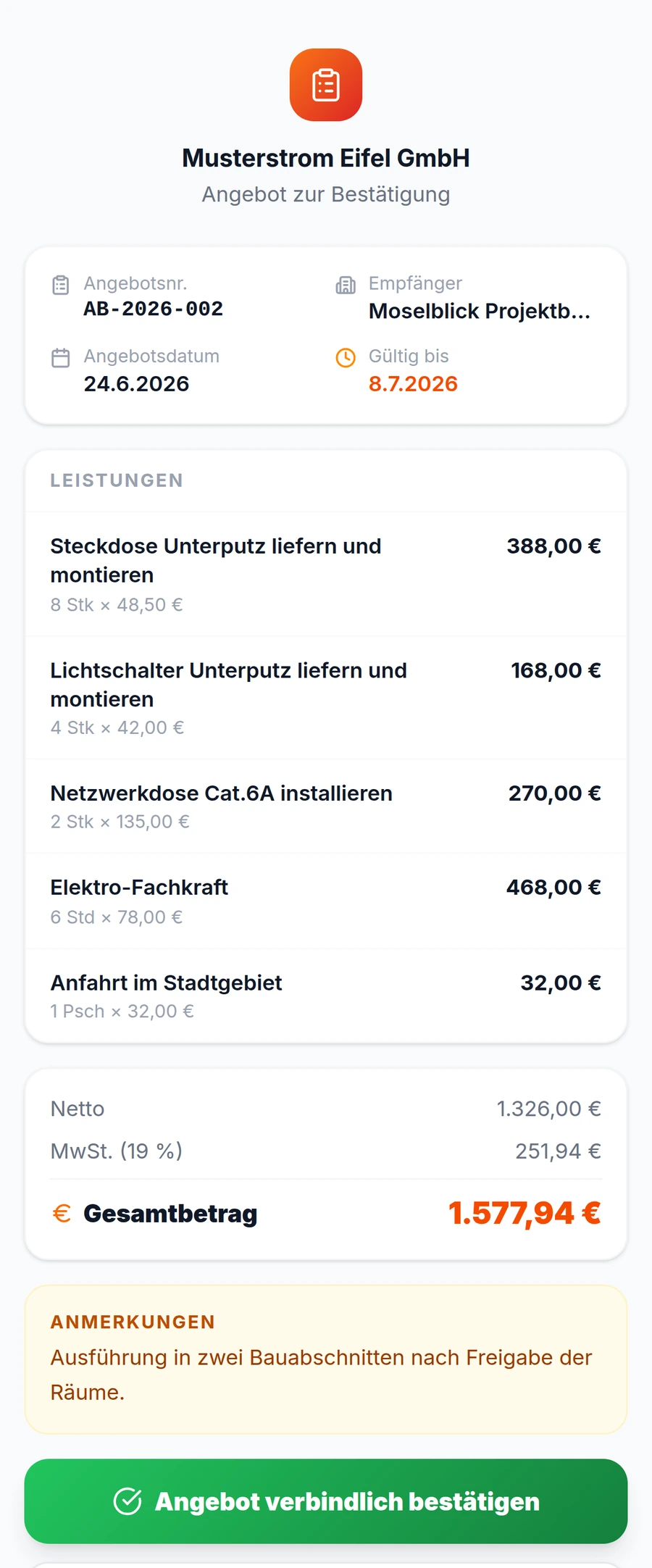 Kundenansicht des Angebots auf dem Telefon, vollständig vom Seitenanfang: Absender Musterstrom Eifel GmbH, Angebotsnummer AB-2026-002, alle fünf Leistungen, Gesamtbetrag 1.577,94 € und die Schaltfläche „Angebot verbindlich bestätigen“