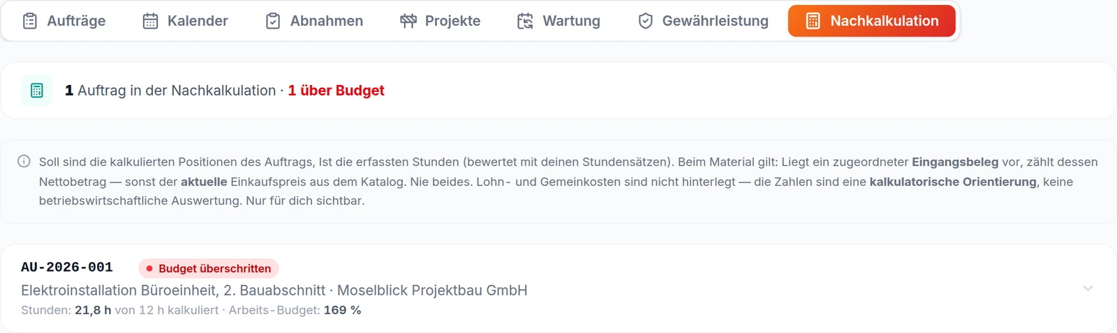 Nachkalkulation in kurzhand: Soll und Ist je Auftrag mit Stunden, Materialkosten und Ergebnis