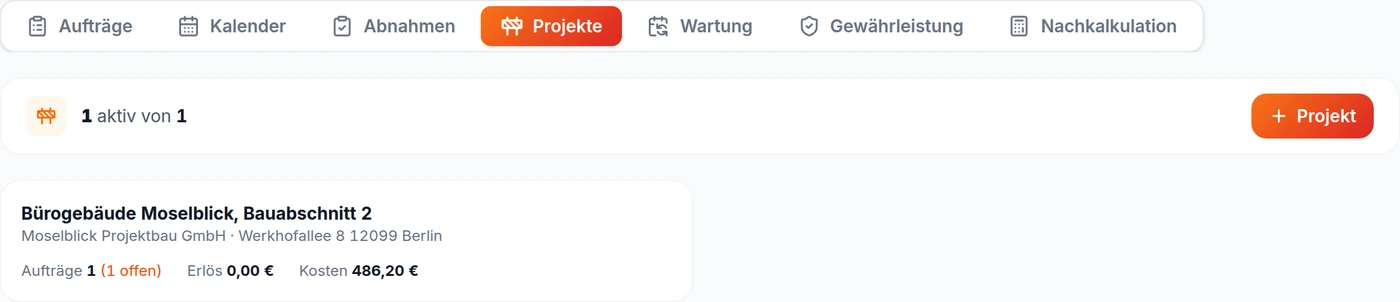 Ein Projekt in kurzhand mit den zusammengerechneten Zahlen seiner Aufträge