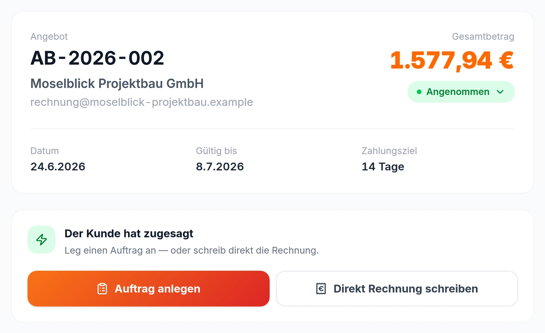 Angebot AB-2026-002 über 1.577,94 € mit Status „Angenommen“ und dem Hinweis „Der Kunde hat zugesagt“ samt den Schaltflächen „Auftrag anlegen“ und „Direkt Rechnung schreiben“